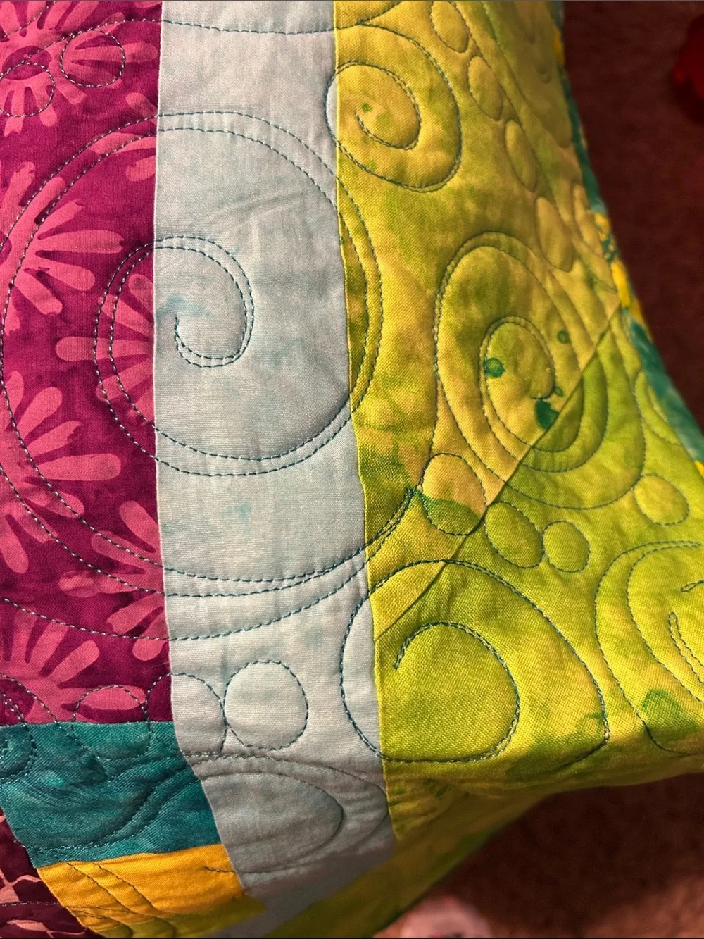 ONE OF A KIND- HANDCRAFTED Multicolor Strip Quilt - Vibrant Green, Blue & Pink